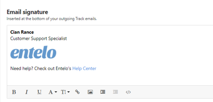 The Email signature editor holding a sample signature with a job title, the Entelo logo and a Help Center link