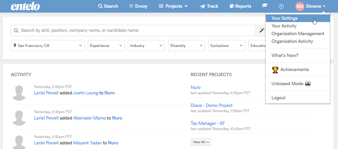 The Search page with the account menu open and Your Settings highlighted