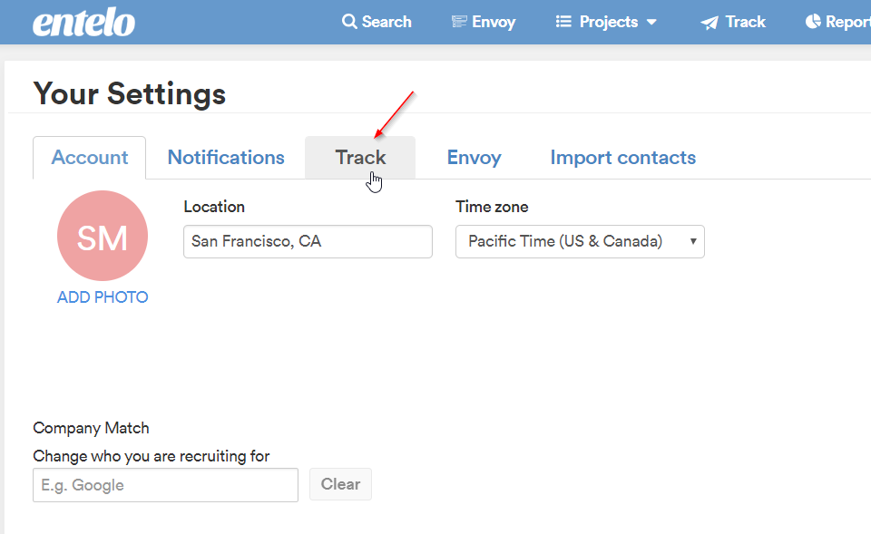 The Your Settings page with an arrow pointing to the Track tab