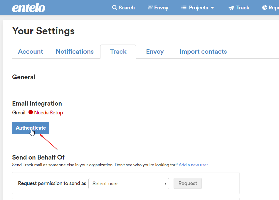 The Track tab of Your Settings with Gmail marked Needs Setup and the Authenticate button highlighted