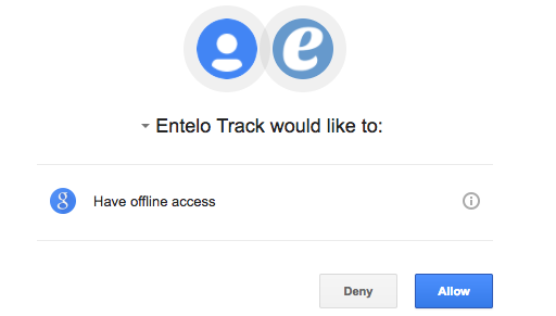 A permission prompt for Entelo Track asking for offline access, with Deny and Allow buttons