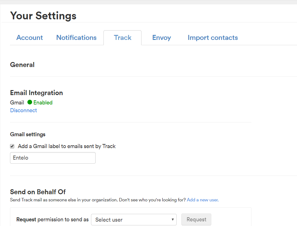 The Track tab of Your Settings with Gmail marked Enabled and an option to add a Gmail label