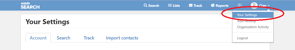 The Search page with the account menu open and Your Settings circled