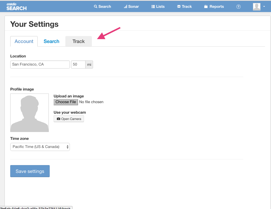 The Your Settings Account tab with an arrow pointing to the Track tab