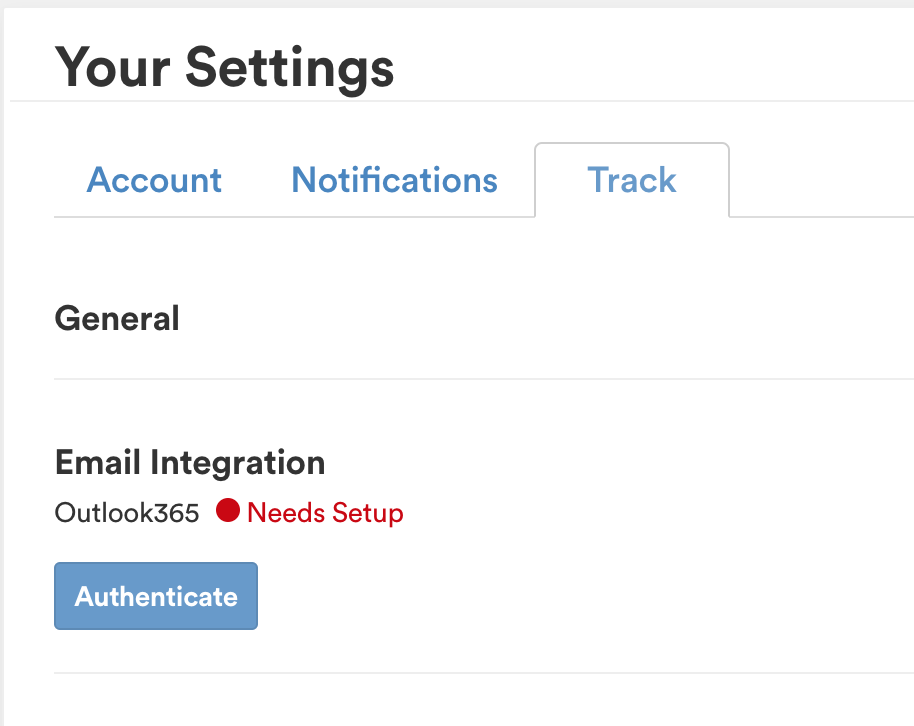 The Track tab of Your Settings with Outlook365 marked Needs Setup and an Authenticate button