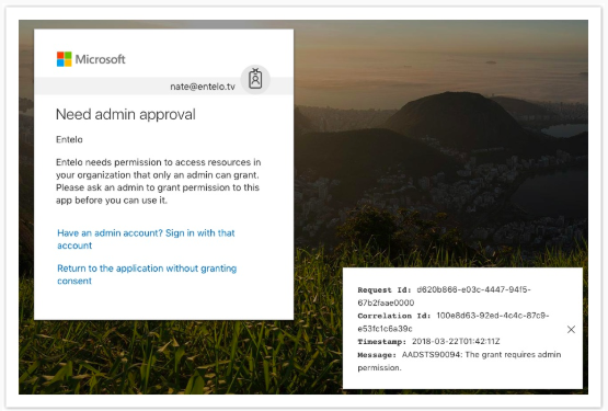 The Microsoft Need admin approval page with an error message panel stating the grant requires admin permission