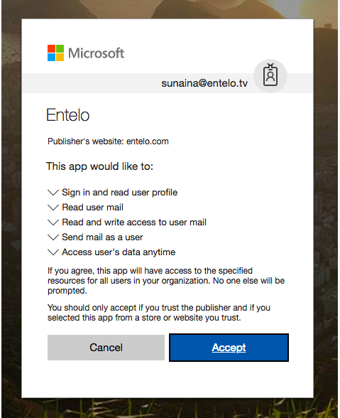 The Microsoft permissions prompt listing what the app would like to do, with Cancel and Accept buttons