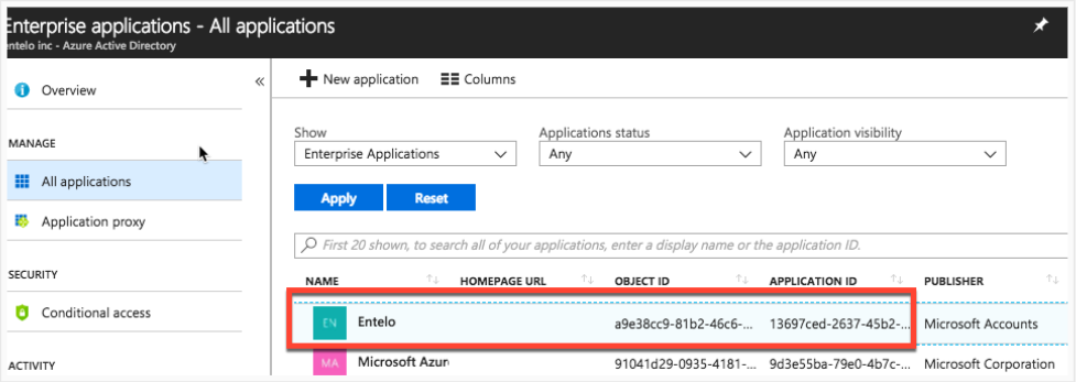 The Azure Enterprise applications page listing all applications, with the Entelo row highlighted