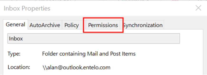 The Inbox Properties dialog with the Permissions tab highlighted