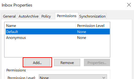 The Inbox Properties Permissions tab with the Add button highlighted
