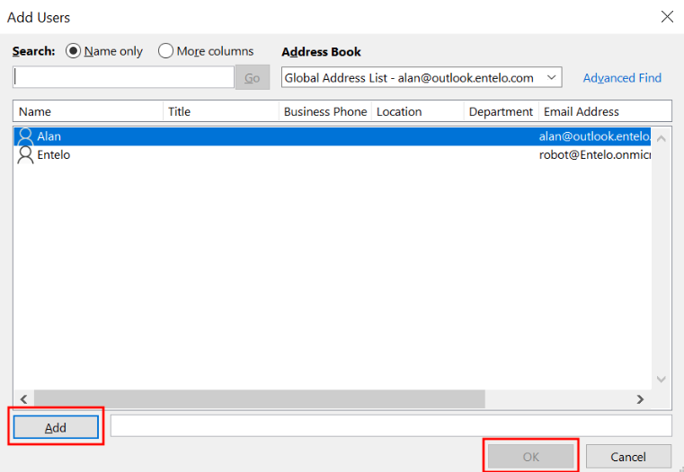 The Add Users dialog with the Add and OK buttons highlighted