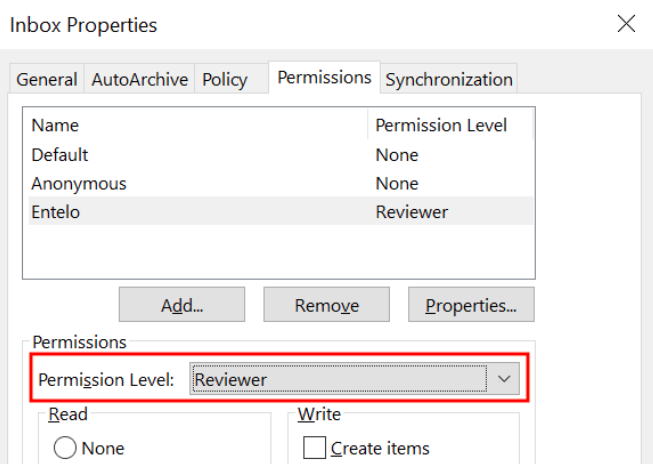 The Inbox Properties Permissions tab with Entelo listed as Reviewer and the Permission Level field highlighted