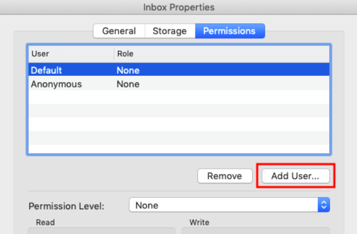 The Inbox Properties Permissions tab on Mac with the Add User button highlighted