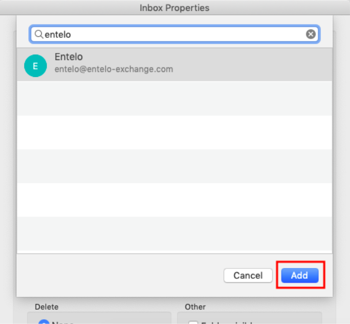 The Mac user search for entelo with the Add button highlighted