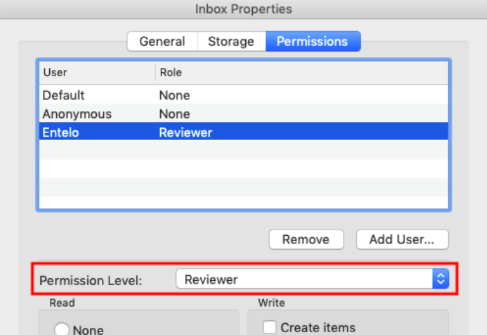 The Mac Inbox Properties Permissions tab with Entelo set to Reviewer and Permission Level highlighted