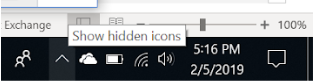 The Windows taskbar with a Show hidden icons tooltip over the up arrow