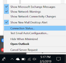 The Outlook tray icon menu with Connection Status highlighted