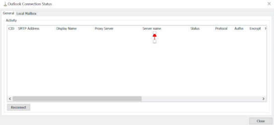 The Outlook Connection Status window with an arrow pointing to the Server name column