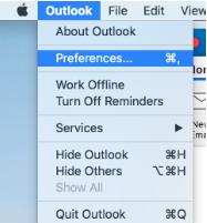 The Outlook menu on Mac with Preferences highlighted