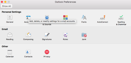 Outlook Preferences window with a tooltip over Accounts reading Add, delete, or modify settings for e-mail accounts