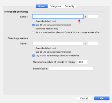 The Microsoft Exchange settings on the Server tab with the Server field highlighted by an arrow