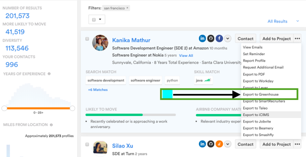 The candidate search results with the three-dot menu open and Export to Greenhouse highlighted