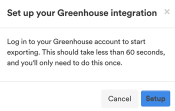 The Set up your Greenhouse integration dialog with Cancel and Setup buttons
