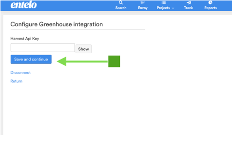 The Configure Greenhouse integration page with an arrow pointing to the Save and continue button