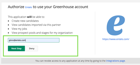 The Greenhouse authorization page with the email field and the Next Step button highlighted