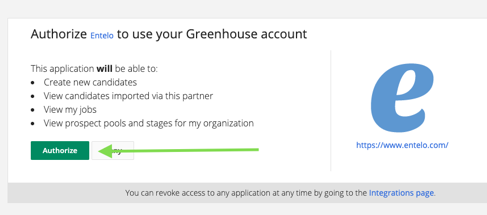The Greenhouse authorization page with an arrow pointing to the Authorize button