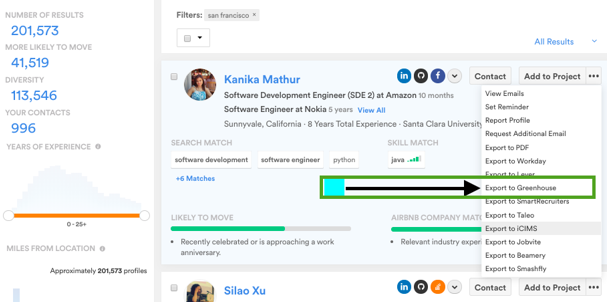 The candidate search results with the three-dot menu open and Export to Greenhouse highlighted