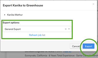 The Export to Greenhouse dialog with the Export options field highlighted and the Export button circled