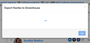 The Export to Greenhouse dialog showing a loading indicator and an OK button