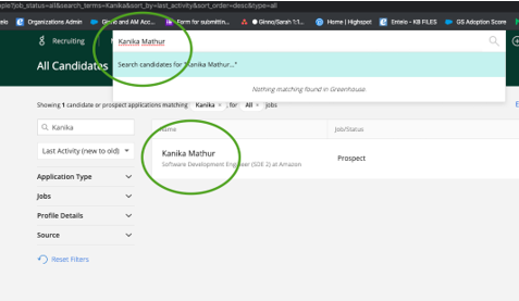 The Greenhouse All Candidates page with the search box and the matching candidate result circled