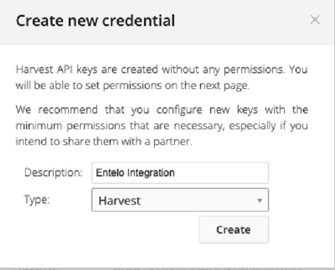 The Create new credential dialog with a Description, a Harvest type and a Create button