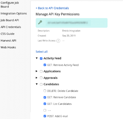 The Manage API Key Permissions page with checkboxes for Activity Feed, Applications, Approvals and Candidates
