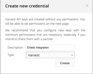 The Create new credential dialog with the description Entelo Integration and the type Harvest