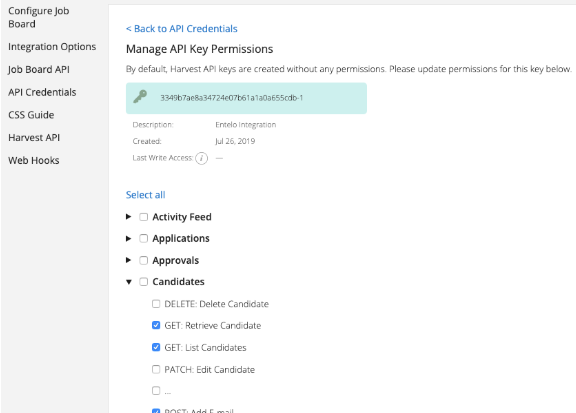 The Manage API Key Permissions page with the Candidates list expanded and some permissions checked