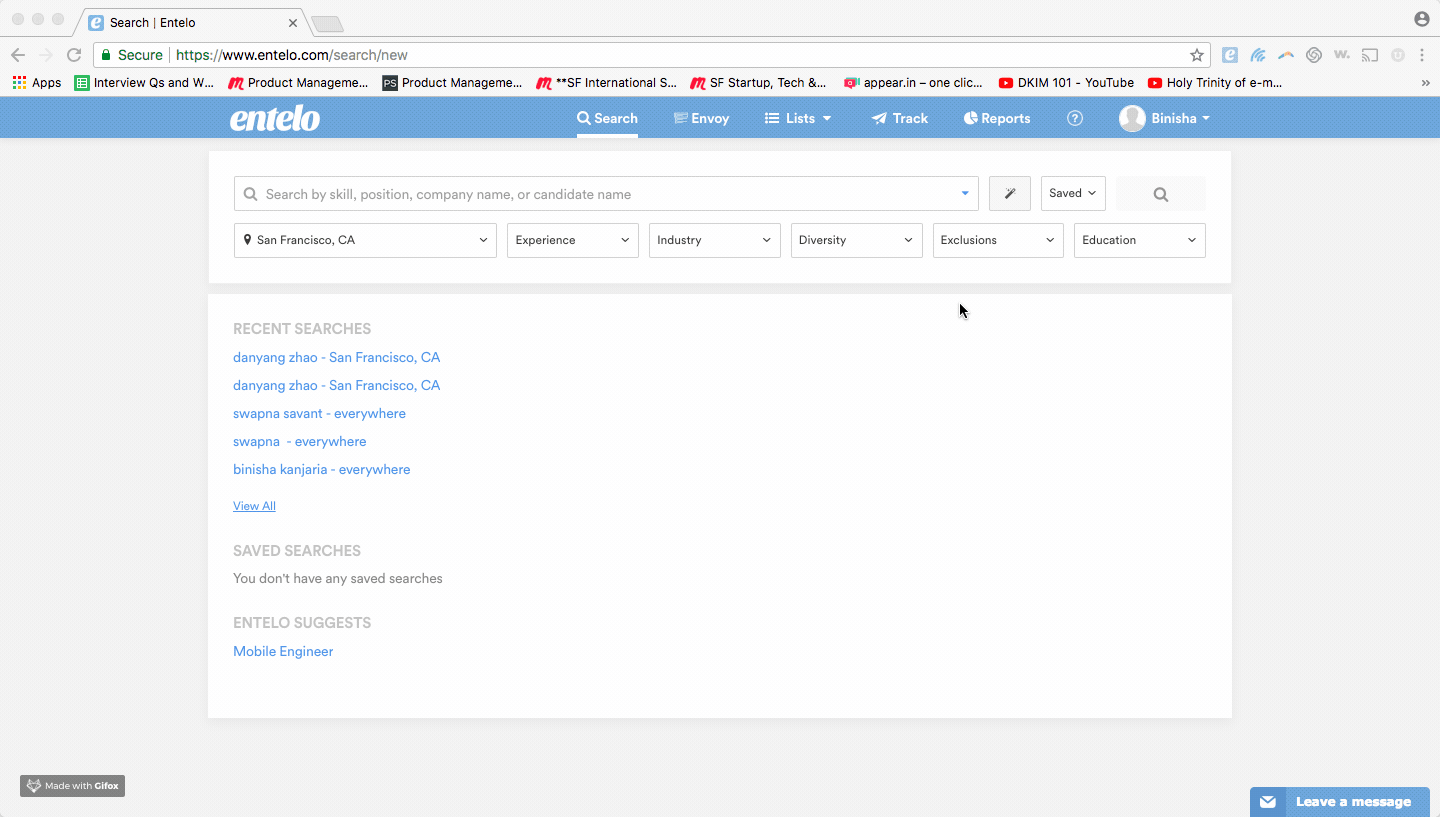 The Search page with the search bar, filters, a Saved menu, and Recent Searches and Saved Searches lists