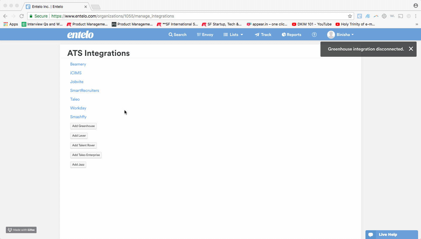 The ATS Integrations page listing integrations and Add buttons, with a Greenhouse integration disconnected message