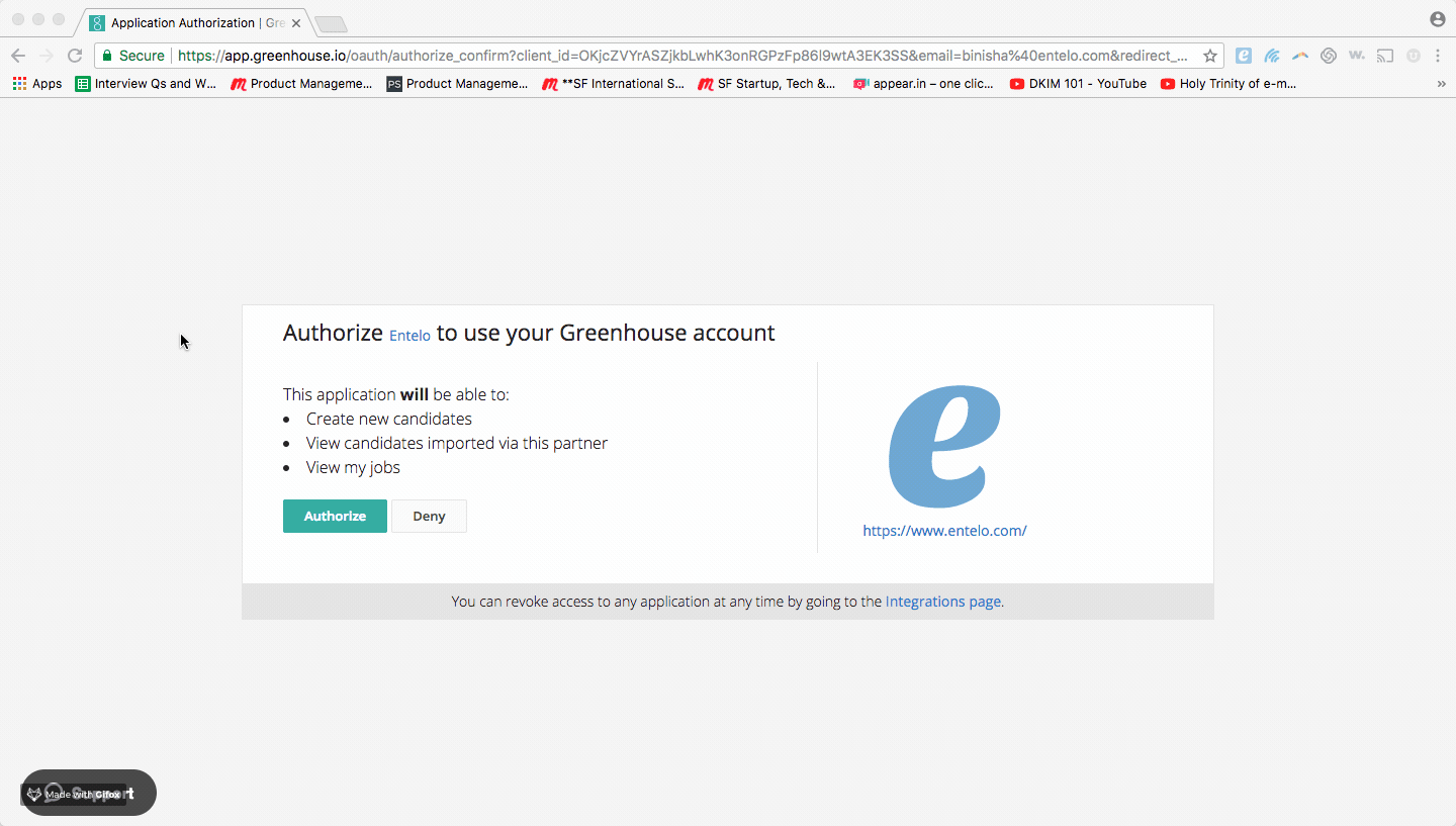 The Greenhouse authorization screen asking to authorize Entelo, with Authorize and Deny buttons