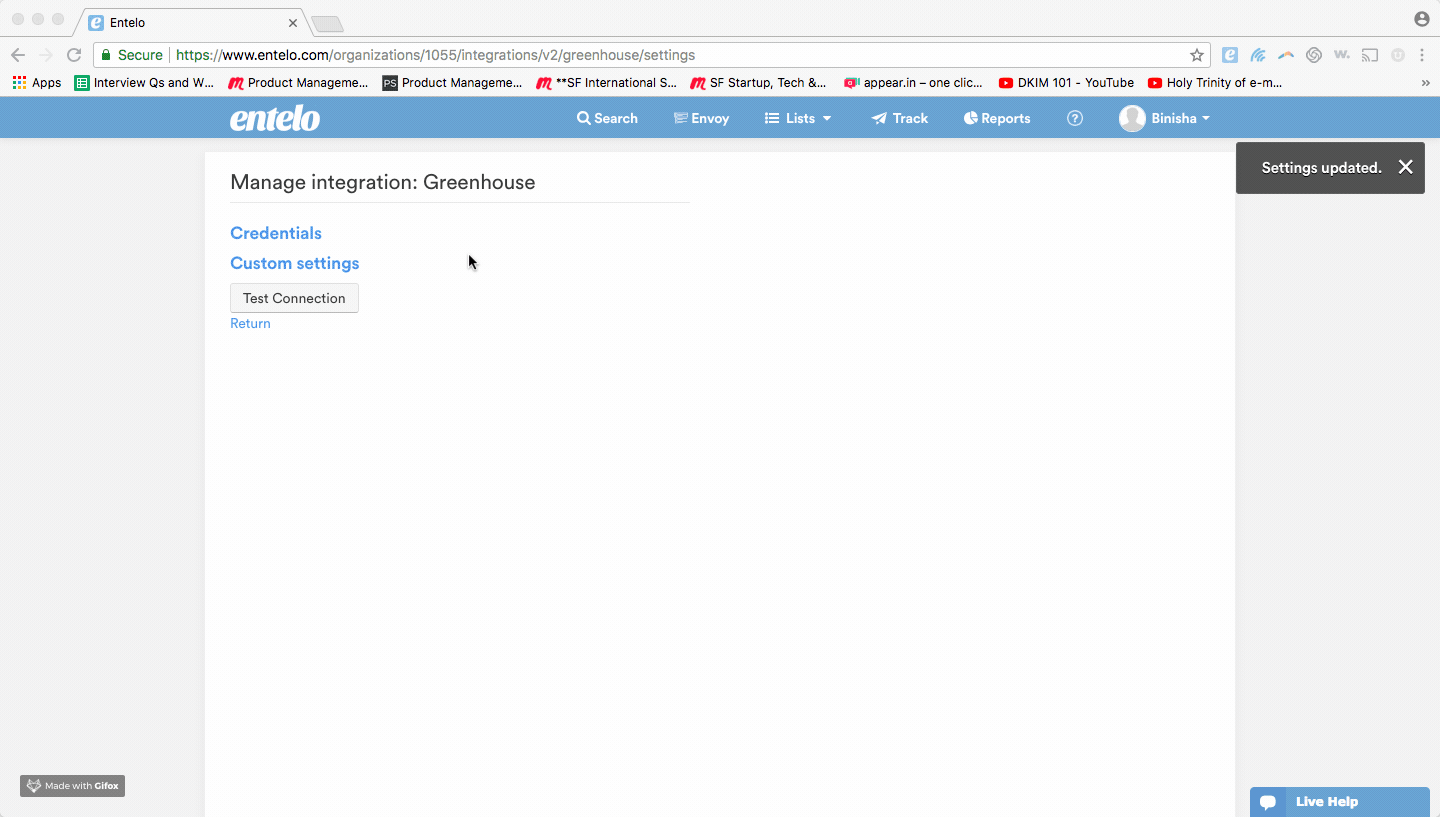 The Manage integration: Greenhouse page with Credentials, Custom settings, Test Connection and a Settings updated message