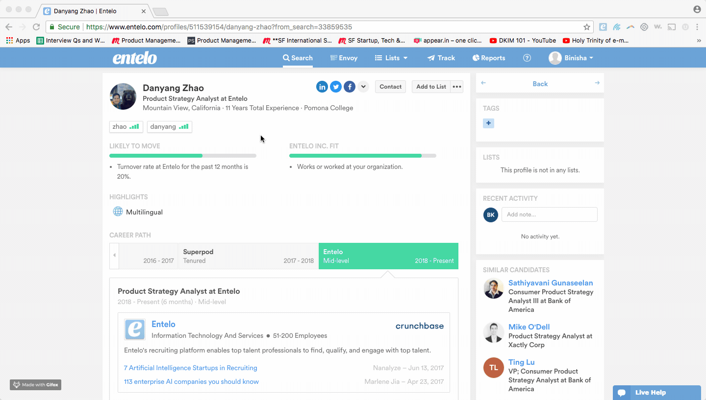 A candidate profile page with the Likely to Move bar, Career Path and a Similar Candidates list