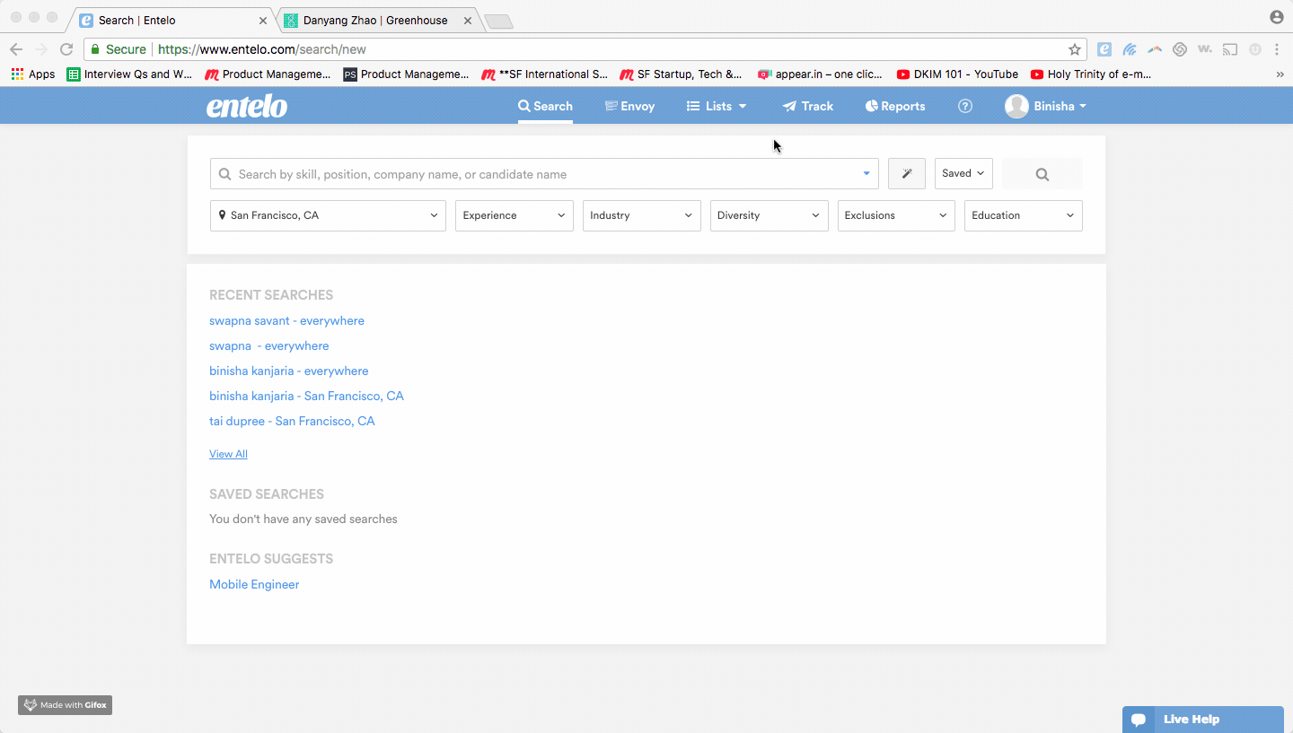 The Search page with the search bar, filters, Saved menu and a Recent Searches list