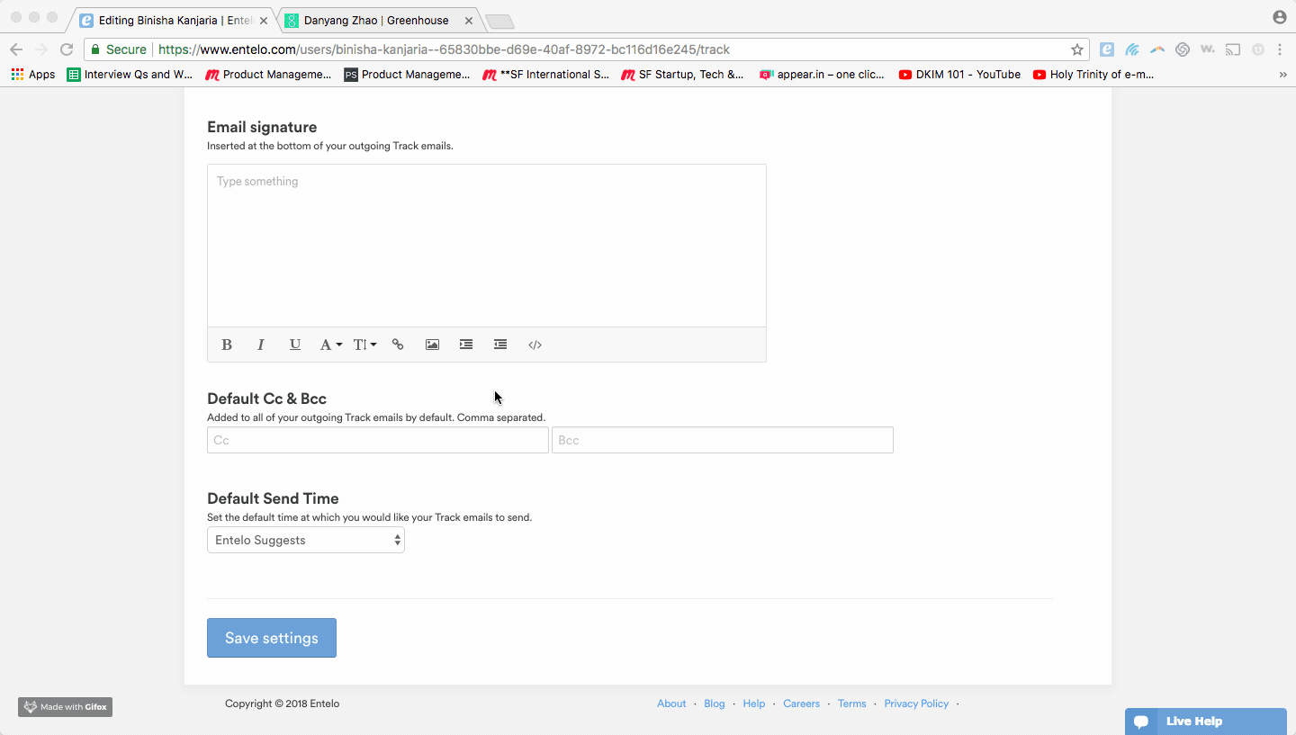 The Track settings page with Email signature, Default Cc and Bcc, Default Send Time and a Save settings button