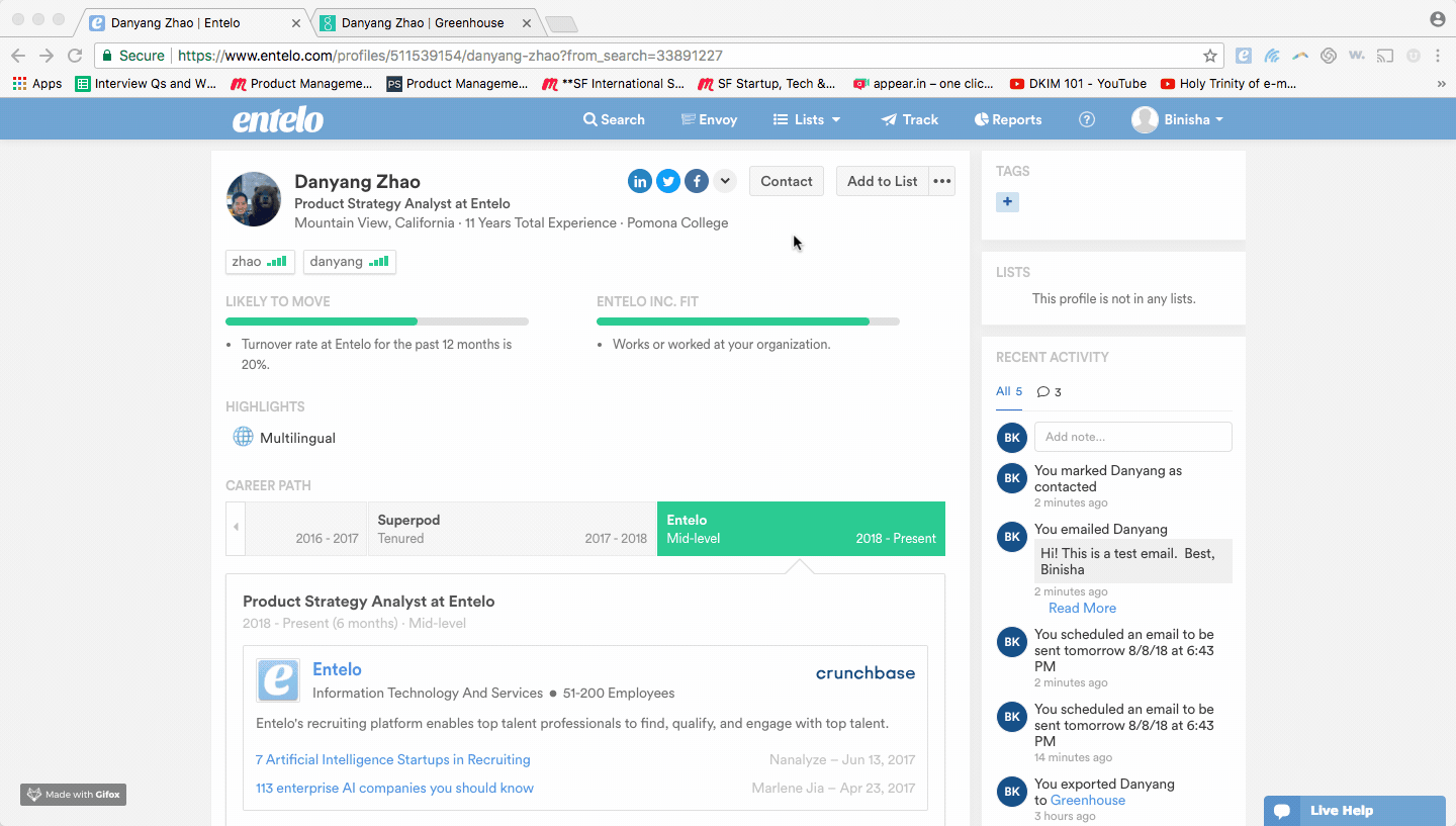 A candidate profile with the Recent Activity panel listing contacted, emailed, scheduled and exported entries