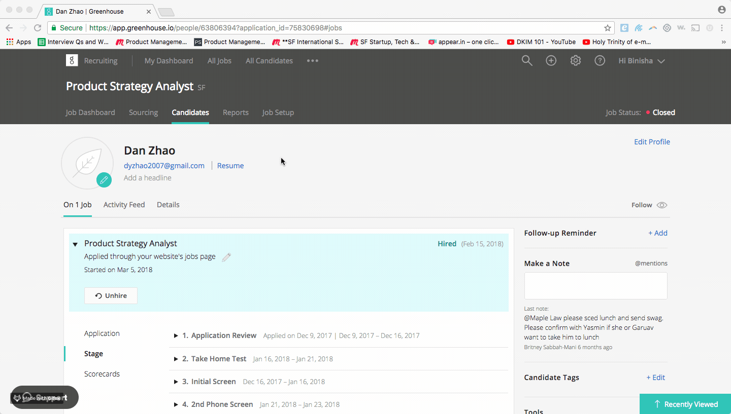 A closed job's candidate record in Greenhouse with a Hired status and an Unhire button