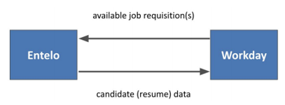 Diagram: job requisitions flow from Workday to Entelo, and candidate resume data flows from Entelo to Workday
