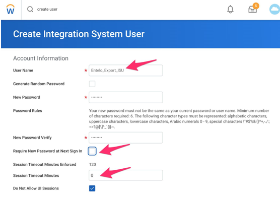 The Create Integration System User form with arrows pointing at User Name, the new password option and Session Timeout
