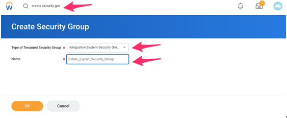 The Create Security Group page with arrows pointing at the Integration System Security Group type and the Name field